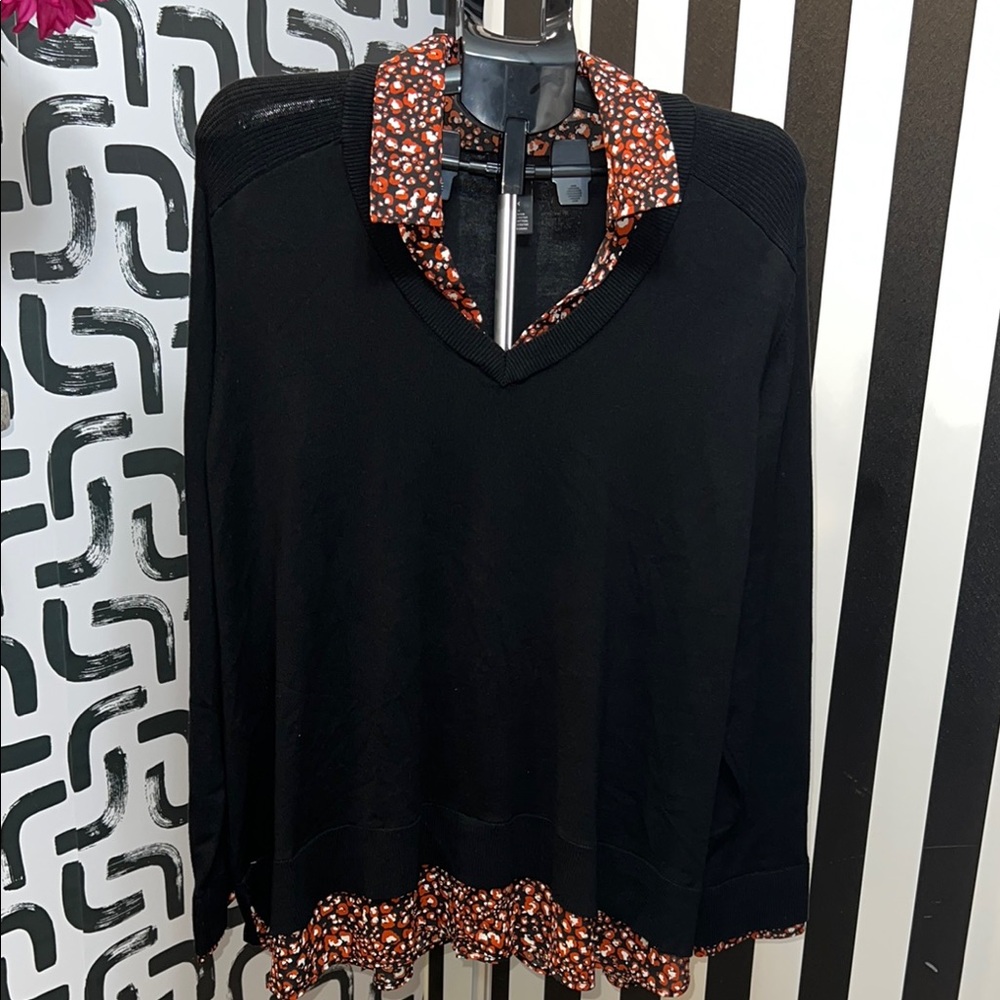 Investments Black V-Neck Sweater with Patterned Trim